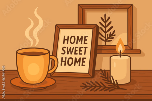 Warm cup of coffee and cozy decor on a wooden table in a comfortable home setting with framed art and a candle