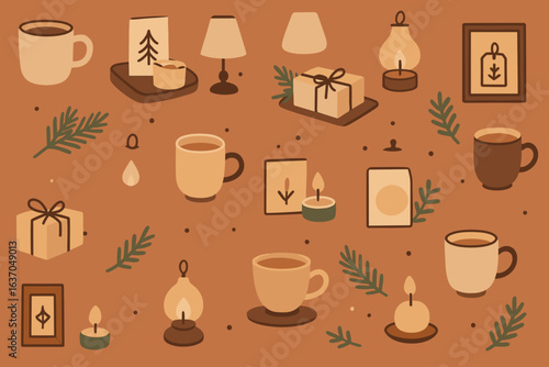 Decorative arrangement of winter-themed items in warm colors, creating a cozy atmosphere for festive gatherings
