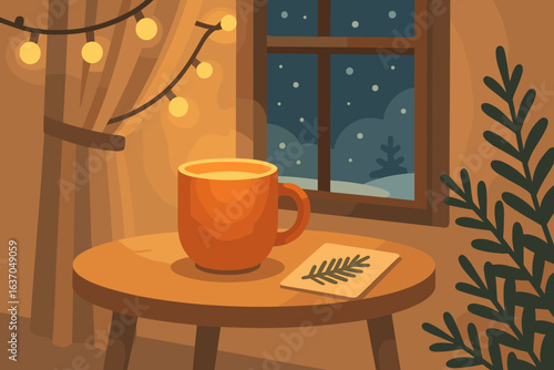 Cozy winter evening with warm drink and soft lighting in a serene indoor setting