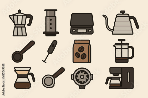 Coffee brewing flat icon set. espresso, french press, kettle, and mug icons