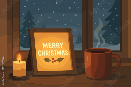 Cozy Christmas ambiance with candle, warm drink, and festive decorations by the window at night