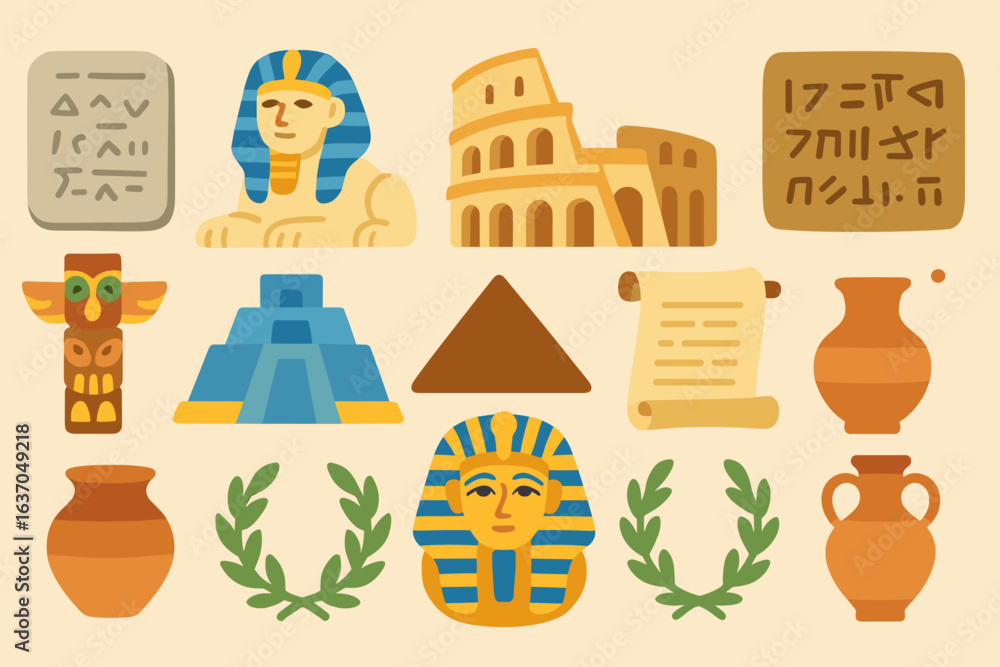 Naklejka premium Ancient civilizations icon set: flat collection of pyramids, scrolls, and artifacts