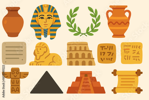 Ancient history flat icon set. pharaoh, pyramid, colosseum icons flat collection