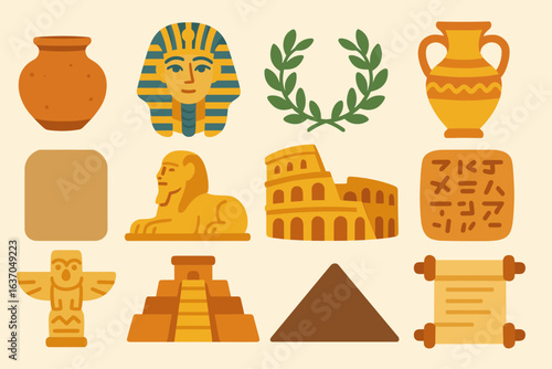 Ancient history flat icon set. egyptian, roman, mayan symbols flat collection