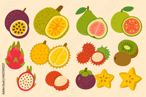 Tropical fruit flat icon set. exotic, fresh, colorful fruit illustrations collection