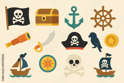 Pirate adventure flat icon set. nautical, explorer, treasure, sea voyage icons collection