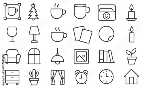 Collection of simple line drawings depicting home and holiday themes, showcasing various household items and decorations