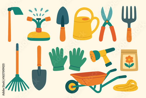 Gardening tools flat icon set. essential horticulture equipment collection