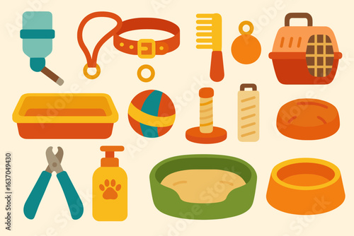 Pet care flat icon set. essentials for pets, grooming, and feeding, flat style graphics
