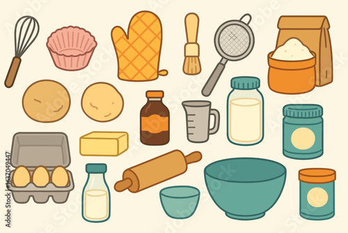 Baking essentials flat icon set. cooking tools, kitchenware, ingredients collection