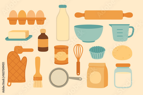 Baking essentials icon set. flat style kitchen, cooking tools in vector collection