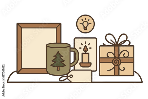 Decorative warm items with a cozy theme featuring a mug, candle, frame, gift box, and tag on a soft background during winter