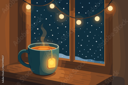 Cozy winter evening with a warm cup of tea by a snow-covered window in a softly lit room