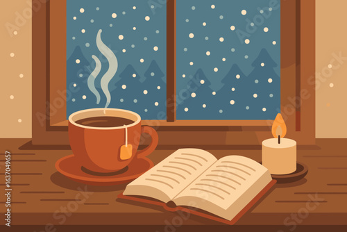 Cozy winter afternoon with tea, candle, and open book by the window with snowfall