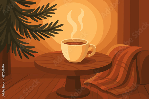 Cozy coffee moment in a warm wooden room with soft lighting and a welcoming atmosphere