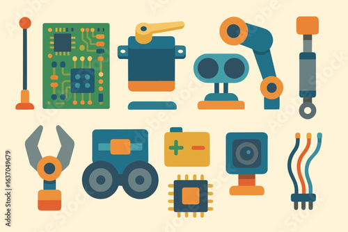 Technology, robotics flat icon set. circuit, automation, machine parts icons collection