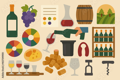 Wine tasting flat icon set. vineyard, wineglass, cork, barrel icons in flat style