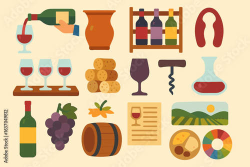 Wine and winery flat icon set. vineyard, grape, bottle, cork, tasting icons