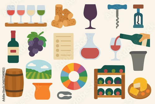 Wine tasting flat icon set. corkscrew, glasses, vineyard, bottle, menu icons collection