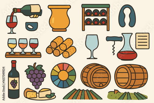 Wine, vineyard flat icon set. wine tasting, bottle, glass, grape icons collection