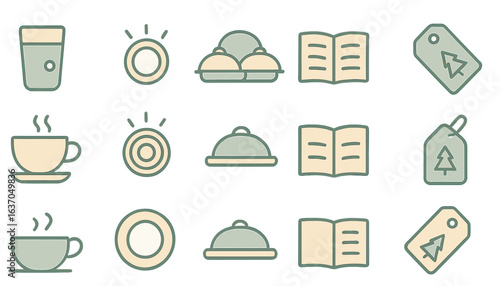 Colorful collection of simple icons representing food, drink, and dining activities in a stylish design