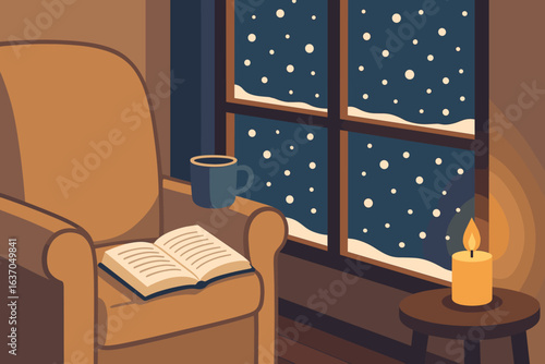 Cozy reading nook with warm drink, glowing candle, and snowy window view during winter evening