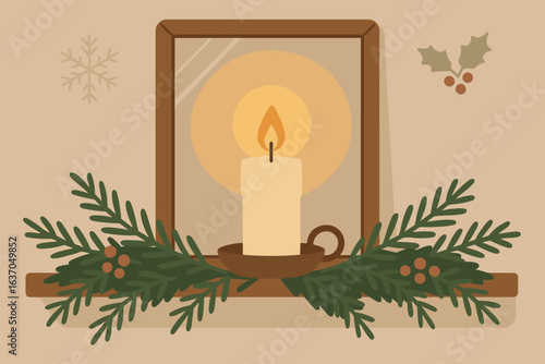 Candle on a wooden shelf surrounded by greenery and seasonal decorations in a cozy winter setting