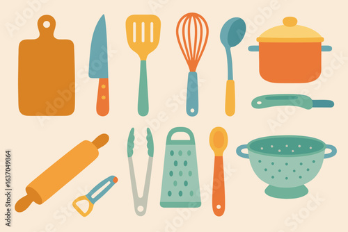 Kitchen utensil flat icon set. cooking tools, culinary essentials flat collection