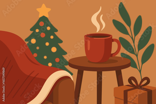 Festive coffee moment with cozy decor and holiday spirit in a warm setting