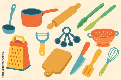 Kitchen tools flat icon set. utensils, cookware, culinary essentials collection