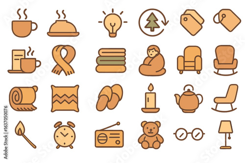 Cozy lifestyle icon set with warm tones featuring tea, candle, books, baby, slippers, pillow, blanket, armchairs, and relaxation symbols