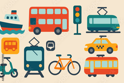 Transport flat icon set. bicycle, taxi, bus, boat, tram, scooter, traffic light collection