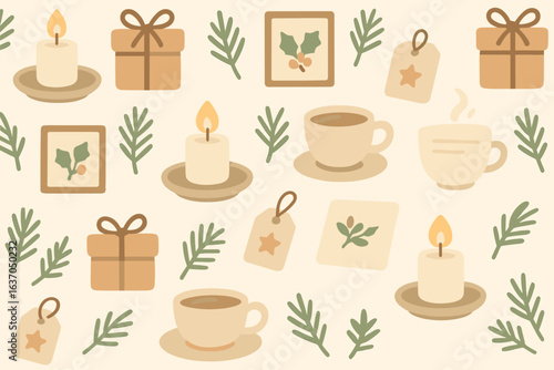Cozy holiday decor featuring candles, coffee cups, and gift boxes creating a warm atmosphere