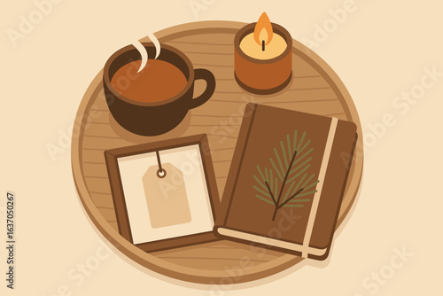Cozy afternoon with coffee, candle, and a journal on a wooden tray during a relaxing moment at home