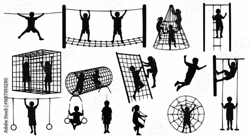 Rope park characters silhouettes. Sport activity, outdoor extreme attractions for children and adults. Climbing, nature adventures recent vector set stock 