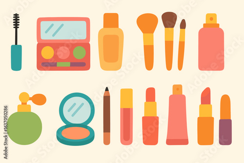 Beauty and cosmetics flat icon set. makeup, skincare essentials collection.