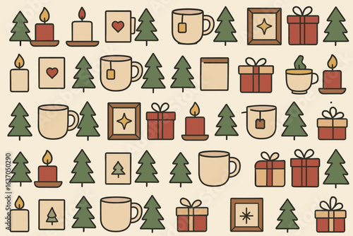 Colorful holiday pattern featuring trees, candles, mugs, and gifts during winter festivities