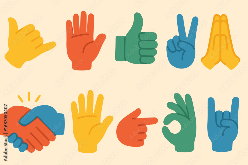 Obraz premium Hand gestures flat icon set. thumbs up, peace, okay, waving, prayer icons pack