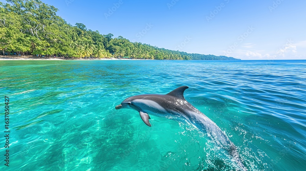 Obraz premium Latin America, Honduras, Bay Islands Department, Roatan, Caribbean Sea, View of bottlenose dolphin jumping in seawater