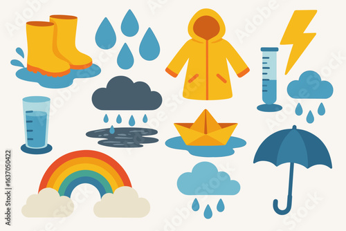 Weather, rain flat icon set. storm, umbrella, and cloud illustrations collection
