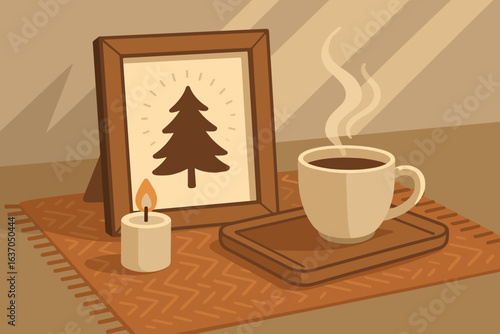 Cozy setting with warm beverage and candlelight in a simple interior space during a relaxed afternoon