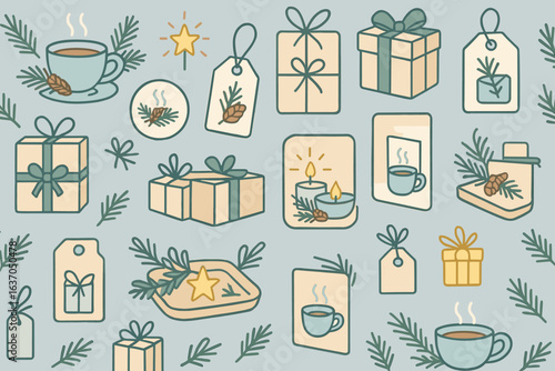 Festive winter design featuring gifts, mugs, and holiday decorations with a cozy atmosphere in soft pastel colors