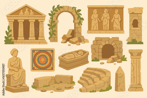 Ancient ruins flat icon set with temple, statues, and arches illustrations