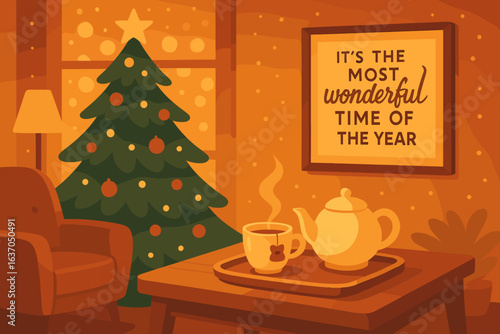 Cozy holiday setting with a Christmas tree and warm drinks in a welcoming living room