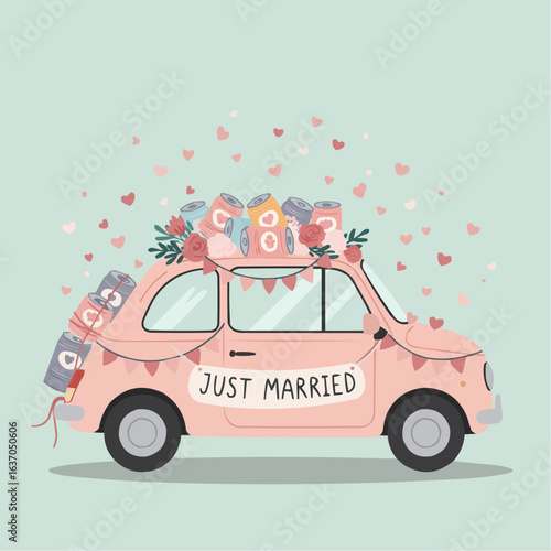 Just married vector illustration of a car for newlyweds