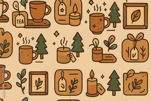 Warm and cozy illustrations showcasing tea, candles, and nature-themed designs in a whimsical pattern