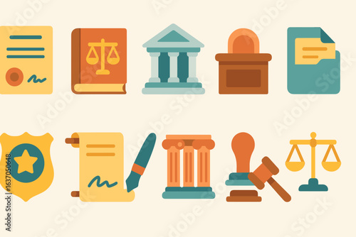 Legal, justice flat icon set. courtroom, lawyer tools, law books collection