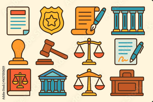 Legal and justice flat icon set for court, law, and courtrooms visuals