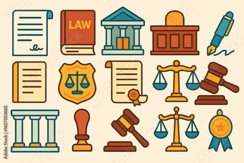 Law and justice icon set. legal, court and scale icons flat collection