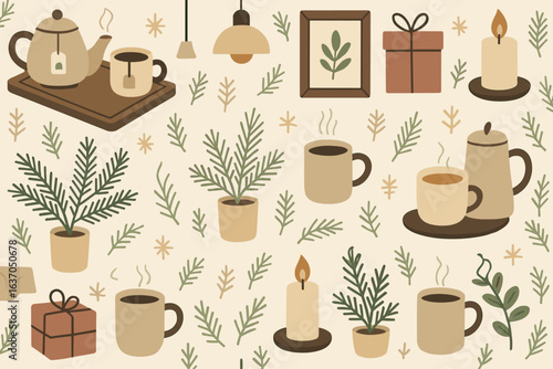 Warm and cozy home decor featuring plants, tea, and candles in a soothing color palette